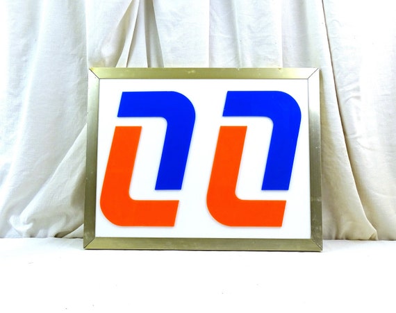 Vintage 1970s / 1980s French White Perspex Plastic Sign with Orange and Blue Logo, Retro Uplcycled Lighting from France, Wall Decor