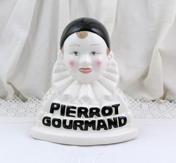 Vintage French Pierrot Gourmand Ceramic Lollipop Display Bust, French Advertising Collectible, Retro Confectionery Counter Memorabilia Decor