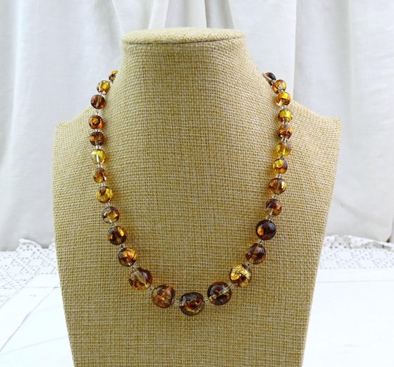 Vintage Italian Venetian Gold Foil Glass Graduated Choker Bead Necklace, Mid Century Jewelry Brown Glass with Golden Tone Metal Inclusions