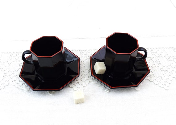 Set of 2 Vintage 1980s French Black Milk Glass Arcoroc Octagonal Expresso Coffee Cup and Saucer, Retro Memphis Style Tableware from France