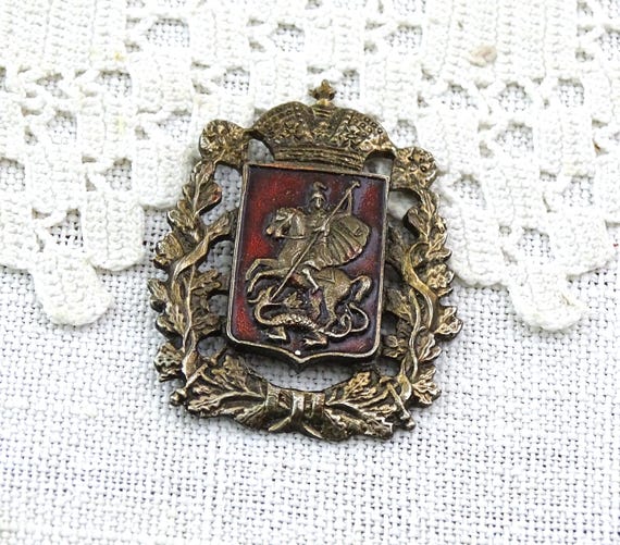 Antique Silver Plated with Red Enamel Pin Saint George and the Dragon, Retro Vintage Broach with Knight and Dragon, Religious Medal