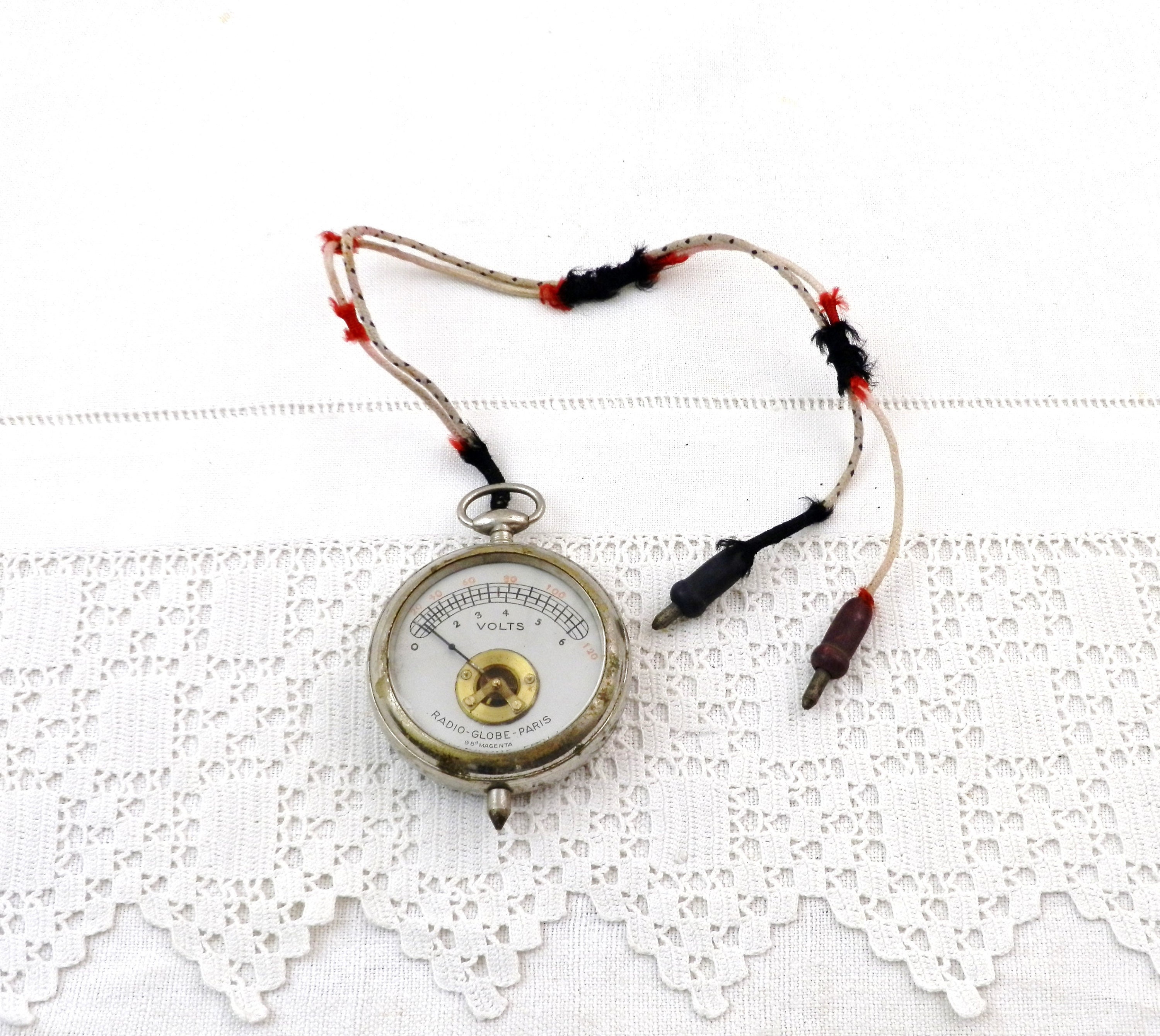 Vintage French Pocket Watch Style Metal Voltmeter by Radio Globe Paris, Retro Electrical Ammeter