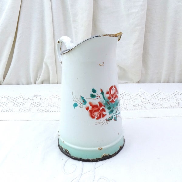 Antique French White Metal Enamelware Water Pitcher with Red Rose Flower Pattern, Vintage Porcelain Enamel Jug, Old Farmhouse Kitchen Decor