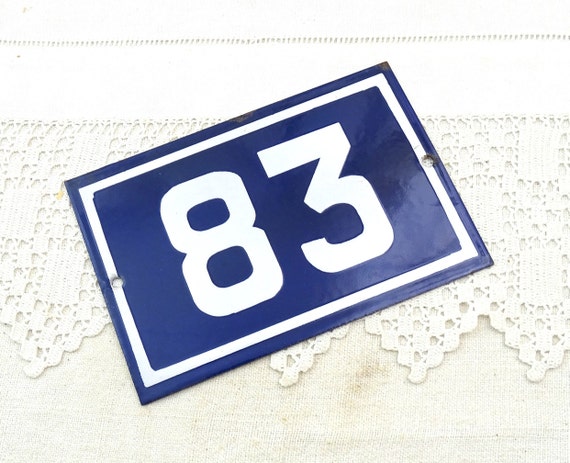 Vintage French Porcelain Enameled Metal House Sign in Blue and White Number 83, Enamelware Street Home France, Traditional Address Sign