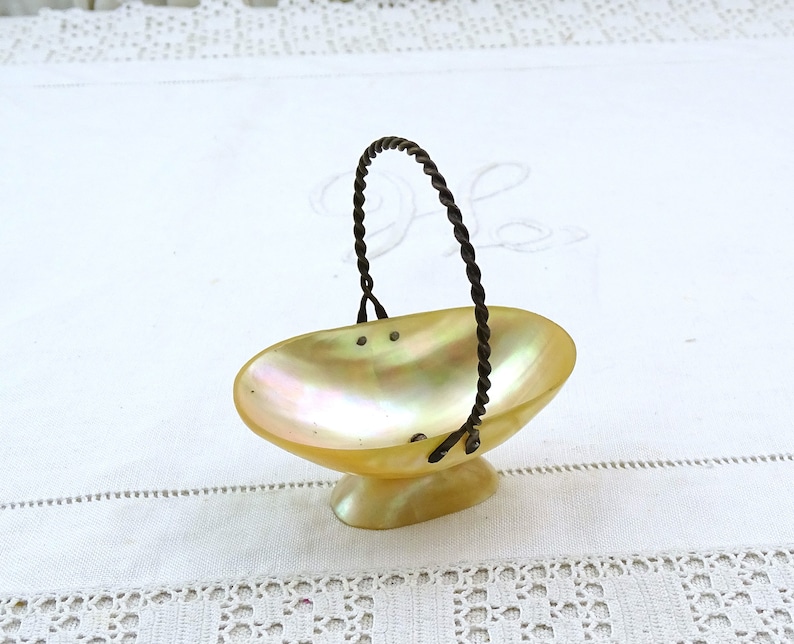 May include: A small, oval-shaped, iridescent mother-of-pearl bowl with a twisted wire handle. The bowl is on a white surface.