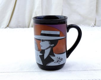 Vintage 1980s Patrick Nagel Inspired Black Coffee Mug With Woman