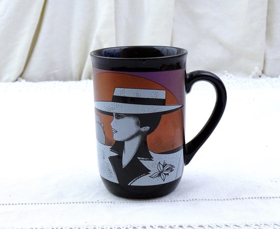 Vintage 1980s Patrick Nagel Inspired Black Coffee Mug with Woman in Large Hat with Rolls Royce Car by Eisa, Retro 80s Tea Cup