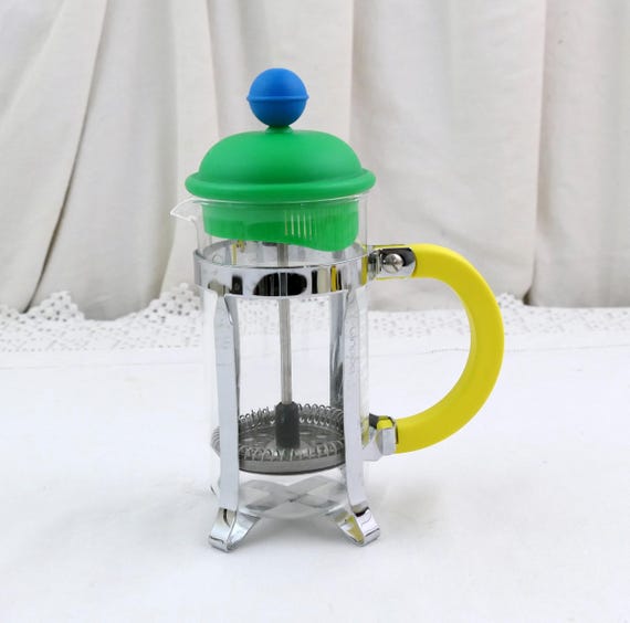 Small Vintage Colorful Bodum One Cup Push Down Coffee Pot in Glass and Melamine, Retro Breakfast Tableware, Danish Swiss Piston Coffee Maker