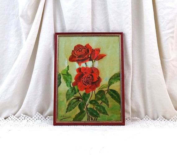 Vintage French Framed Painting of 2 Red Roses in Oil Paint on Board, Retro Hand Painted Picture of Flowers from France, OOAK Art Piece