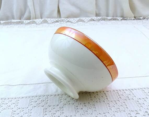 Antique French White Footed Cafe au Lait Bowl with Orange Band around the Rim, Vintage Coffee Bowl from France, Farmhouse Brocante Decor