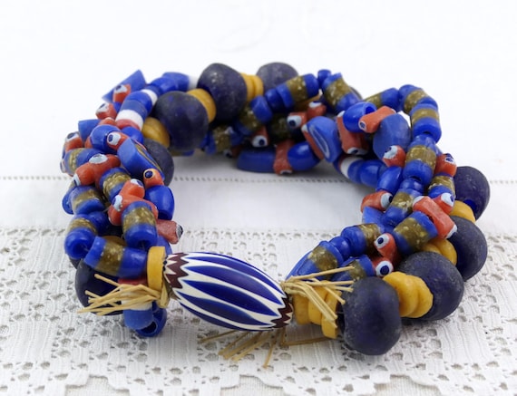 5 Strands of Vintage Glass African Trade Beads One Venetian Blue Chevron Bead Eye Beads, Retro Curio Cabinet of Curiosities Display Piece