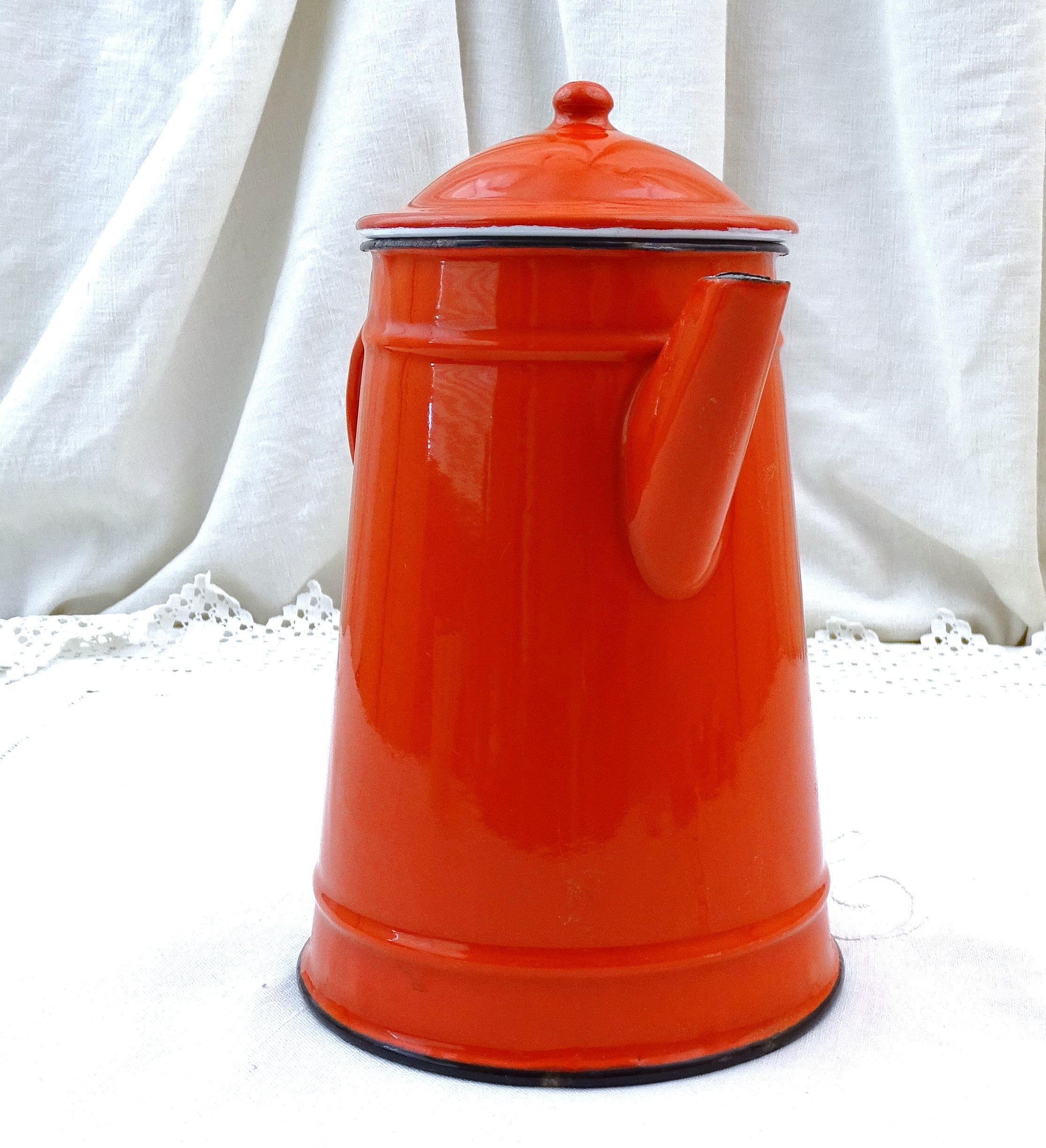 Vintage French Enamelware Coffee Pot - Red, Yellow, Blue Stencil