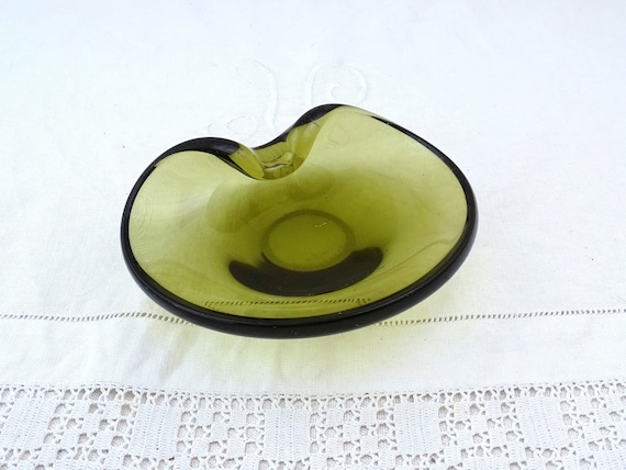 Vintage Danish Holmegaard Art Glass Trinket Dish Olive Green with Curl 1961 Signed Per Lutken, Scandinavian Mid Century Glassware Denmark