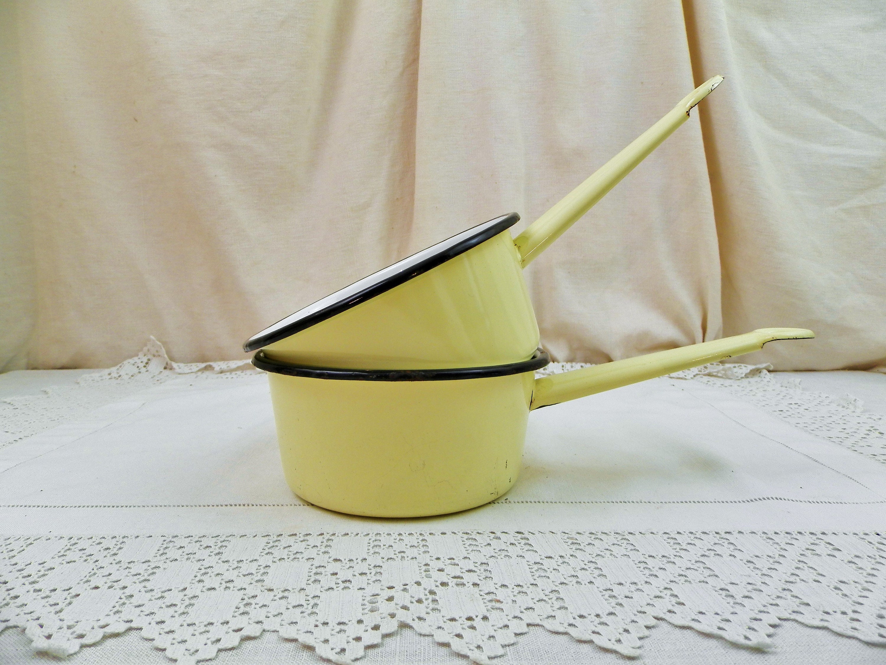 2 Vintage French 1950s Identical Yellow Enameled Cooking Pans