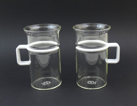 Set of 2 Vintage Danish Bodum Glass Coffee Mugs with White Melamine Handles, Pair Retro 1980s Tea Cups from Scandinavia, Kitchenware Europe