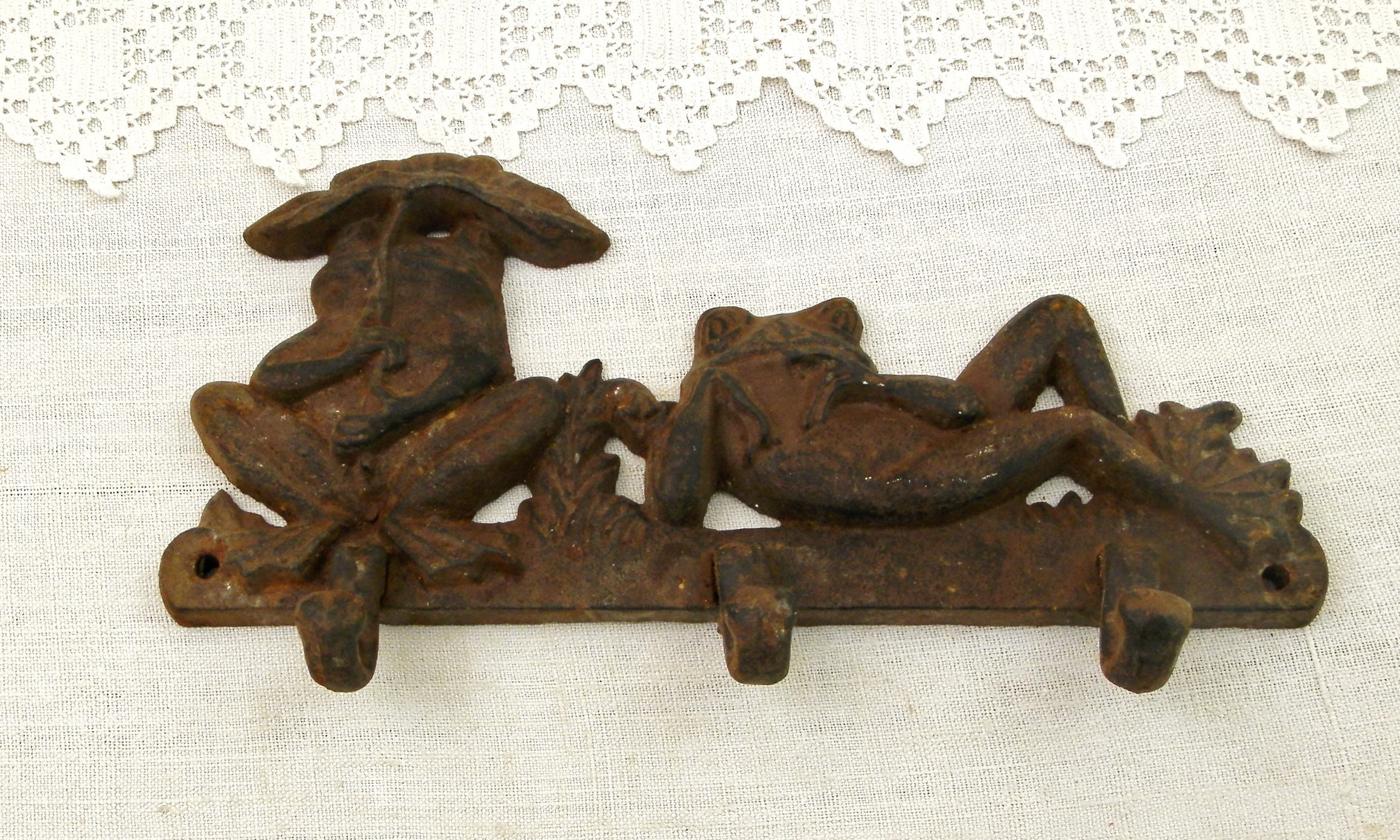 Vintage Cast Iron 3 Hook Coat Rack Decorated with 2 Frogs from France