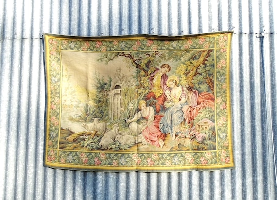 Vintage French Mid Century Aubusson Style Jacquard Tapestry of Bucolic Romantic 18th Century Scene of Wool, Retro Chateau Chic Wall Hanging