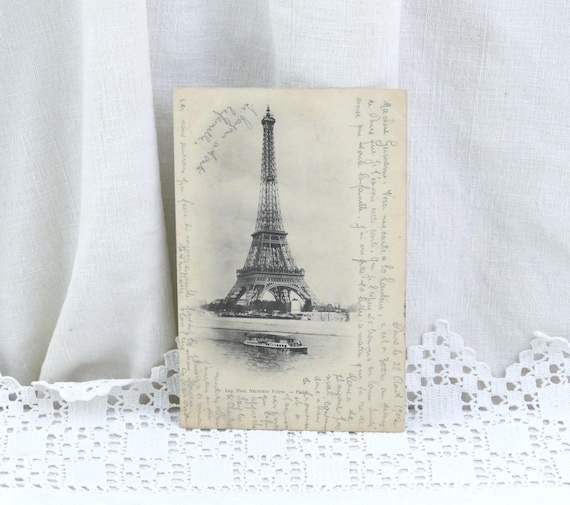 French Antique Black and White Postcard of the Eiffel Tower in Paris and River Seine Posted in 1902,  Retro Picture of Parisian Monument