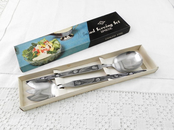 Vintage 1960s Boxed Set of 2 Stainless Steel Salad Serving Set with Tulip Flower Pattern, Retro 60s Dinner Party Accessory from France,