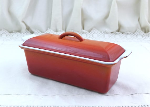 Vintage French Le Creuset 24 Red Burnt Orange Enameled Rectangular Pâté Terrine Dish Lid, Oven Enamelware France, Cooked Meat Kitchenware