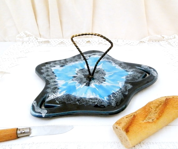 Vintage French Vallauris Mid Century Blue Glaze Cheese Platter, Retro Serving Plate with Blue Lava Style Glaze From France Cote D'Azur