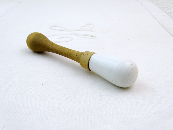 Antique French Pestle of White Ceramic and Wood, Vintage Kitchen Wooden and Pottery Accessory for Mortar France, Country Farmhouse Decor
