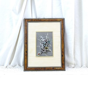 Vintage French Framed 3 Dimensional Pewter Picture of Flowers and Ladybug by Etain de Prince, Retro Embossed Metal 3D Wall Art from France