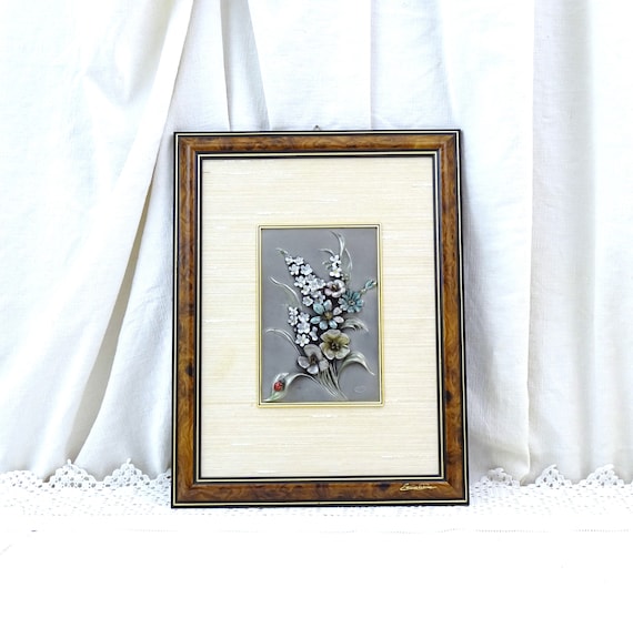 Vintage French Framed 3 Dimensional Pewter Picture of Flowers and Ladybug by Etain de Prince, Retro Embossed Metal 3D Wall Art from France