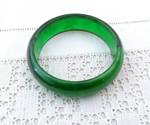 Vintage Marbled Green Translucent Bakelite Bangle, Retro 1930s Cataline Early Plastics Woman's Jewelry, 1940s Bracelet France