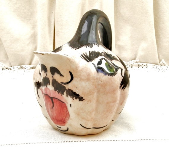 Vintage Mid Century 1960s Comical Water Pitcher by San Marino Ceramica Titano Shaped as a Mans Head, Hand Painted Italian Mustache Jug