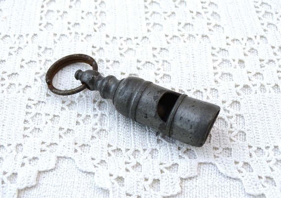 Antique French Pewter Metal Whistle with Hanging Loop, Old Metal Mouth Whistle from France,