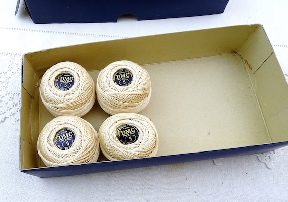 4 Balls of French Vintage Number 5 Cordonnet Ecru Cotton DMC Crochet Yarn with Original Box, Crocheting White 20 Gram Thread, Retro Lace