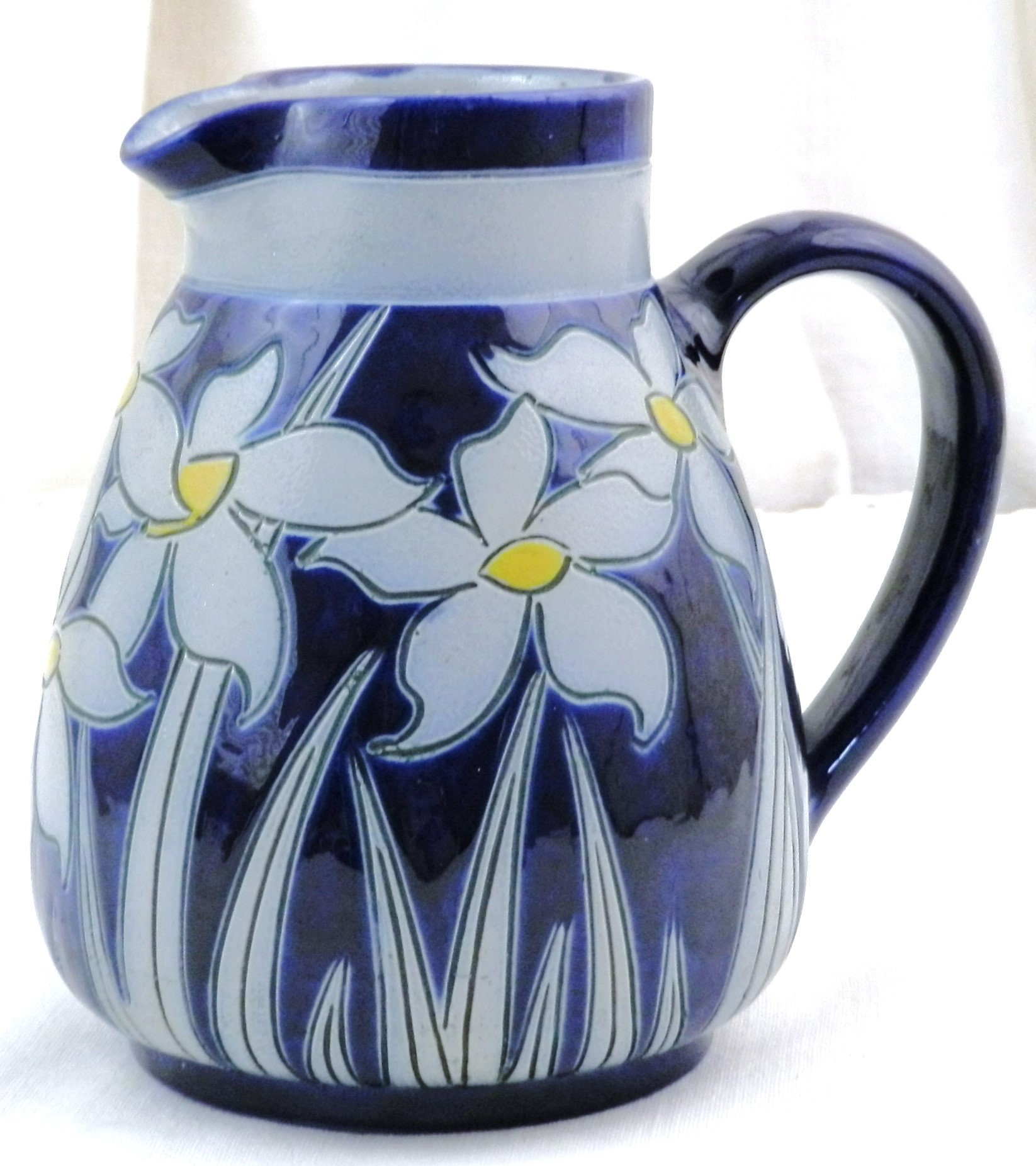 French Vintage Blue Ceramic Pitcher with Incised Decoration of Flowers