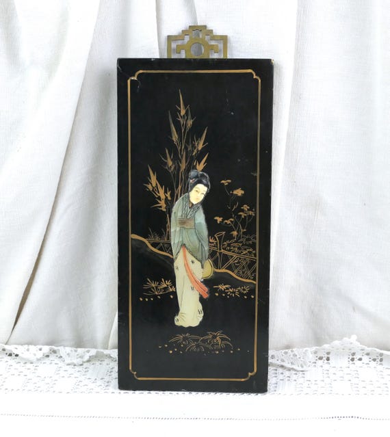 Vintage Chinese Lacquered Wooden Panel Picture with Inlayed Carved Stone Figure in Traditional Dress, Retro Chinoiseries Style Home Decor