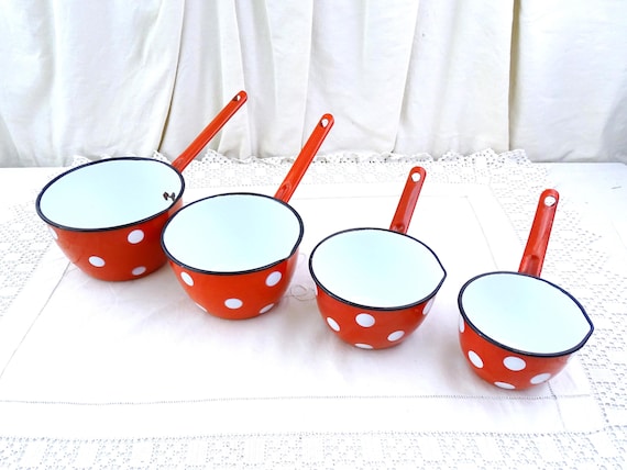 Antique French Set of 4 Red Enameled Saucepans with White Polka Dots, Vintage Enamelware from France, Old Style Enamel Kitchen Decor