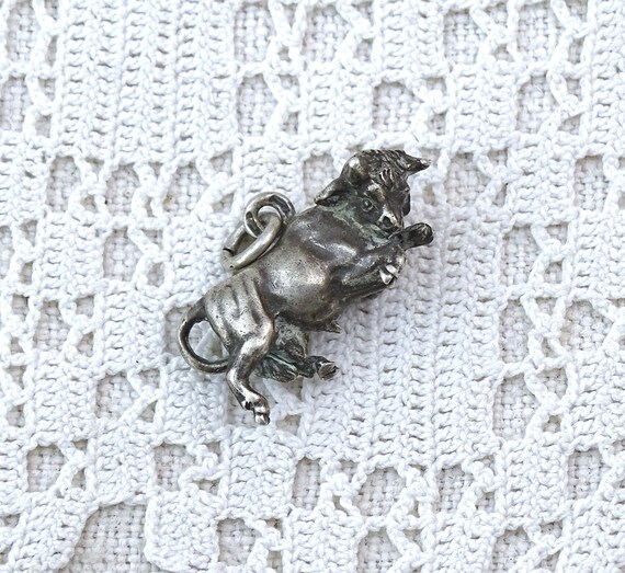 Antique Hallmarked Sterling Silver Raging Bull Charm, Vintage Precious Metal Bovine Pendant from France, Fine Jewelry Art Piece