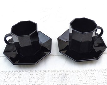 2 Vintage French 1980s Octagonal Black Glass Expresso Cup and Saucer Promotional Gift of Esso, Retro Memphis Group Style Coffee Cups France