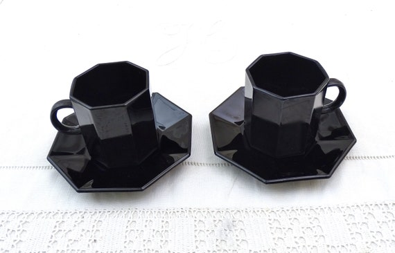 2 Vintage French 1980s Octagonal Black Glass Expresso Cup and Saucer Promotional Gift of Esso, Retro Memphis Group Style Coffee Cups France