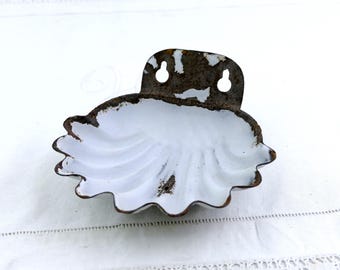 Large Antique French White Enamel Wall Hanging or Free Standing Scalloped Shell Shaped Soap Holder France, Enamelware Bathroom Soap Bar Dish
