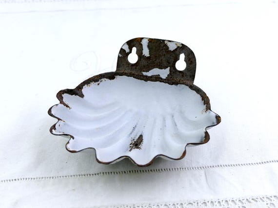 Large Antique French White Enamel Wall Hanging or Free Standing Scalloped Shell Shaped Soap Holder France, Enamelware Bathroom Soap Bar Dish