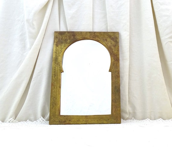 Vintage Moroccan Engraved Brass Wall Mirror with Moresque Design, Retro North African Arabesque Style Looking Glass with Yellow Metal Frame