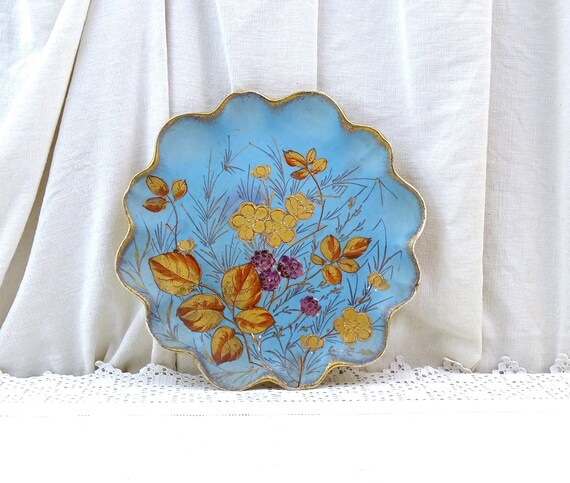 Antique French Hand Painted Gold on Blue Decorative Wall Plate with Black Berry and Hedgerow Pattern, Retro Boho Cottage Wall Decor France