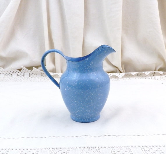 French Antique Small Porcelain Enamel Toy Pitcher in Blue White Splaterware in Excellent Condition, Vintage Enameled Metal Jug from France