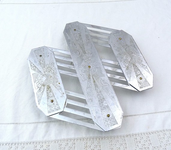 Vintage French Art Deco Chrome Plated Concertina Table Heat Mat, Retro Folding Metal Trivet France, Old Style Space Saver Kitchen Accessory