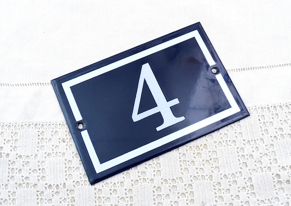 Vintage French Porcelain Enameled Metal House Sign in Blue and White Number 4, Enamelware Street Home from France, Traditional Address Sign