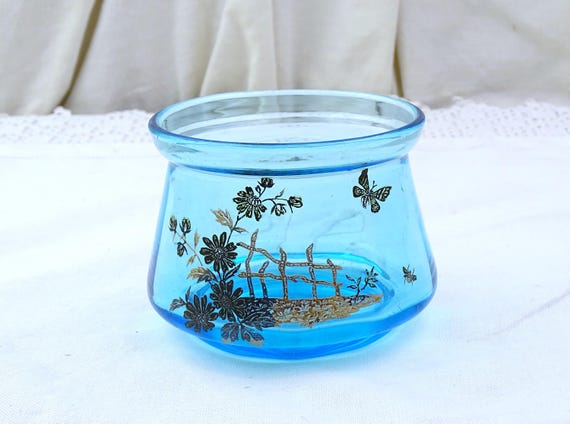 Small Antique French 19th Century Pale Blue Glass Trinket Bowl with Etched and Gilded Flower and Butterfly Pattern, Glassware Vide Poche