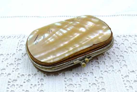 Antique French Woman's Mother of Pearl Coin Purse with Blue Satin Lining Souvenir from Le Havre, Vintage Pocket Wallet made of MOP Shell