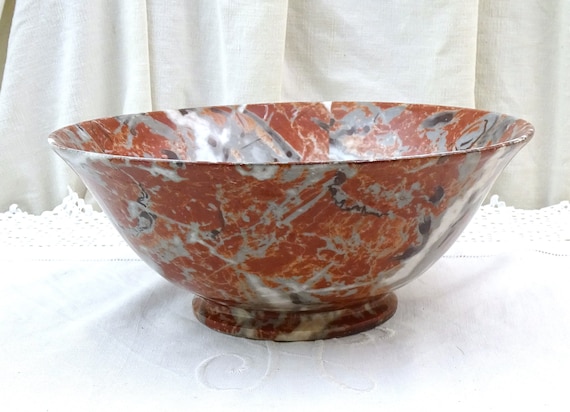 Antique French Large Footed Fruit Bowl with Faux Marble Pattern by Porcelain Ulysse of Paris, Vintage Imitation Stone Fine Chine Dish