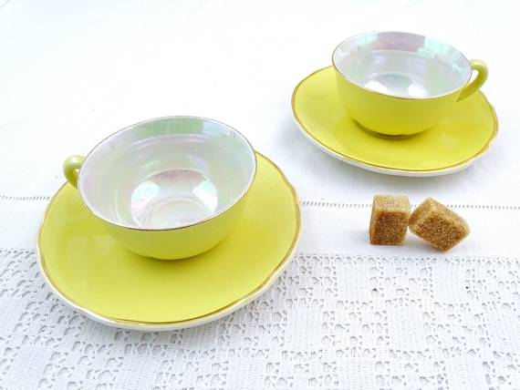 Pair of French Vintage Mid Century 1950s Yellow Espresso Coffee Cup and Saucers with Iridescent Glaze, Retro 50s Tea Cup from France