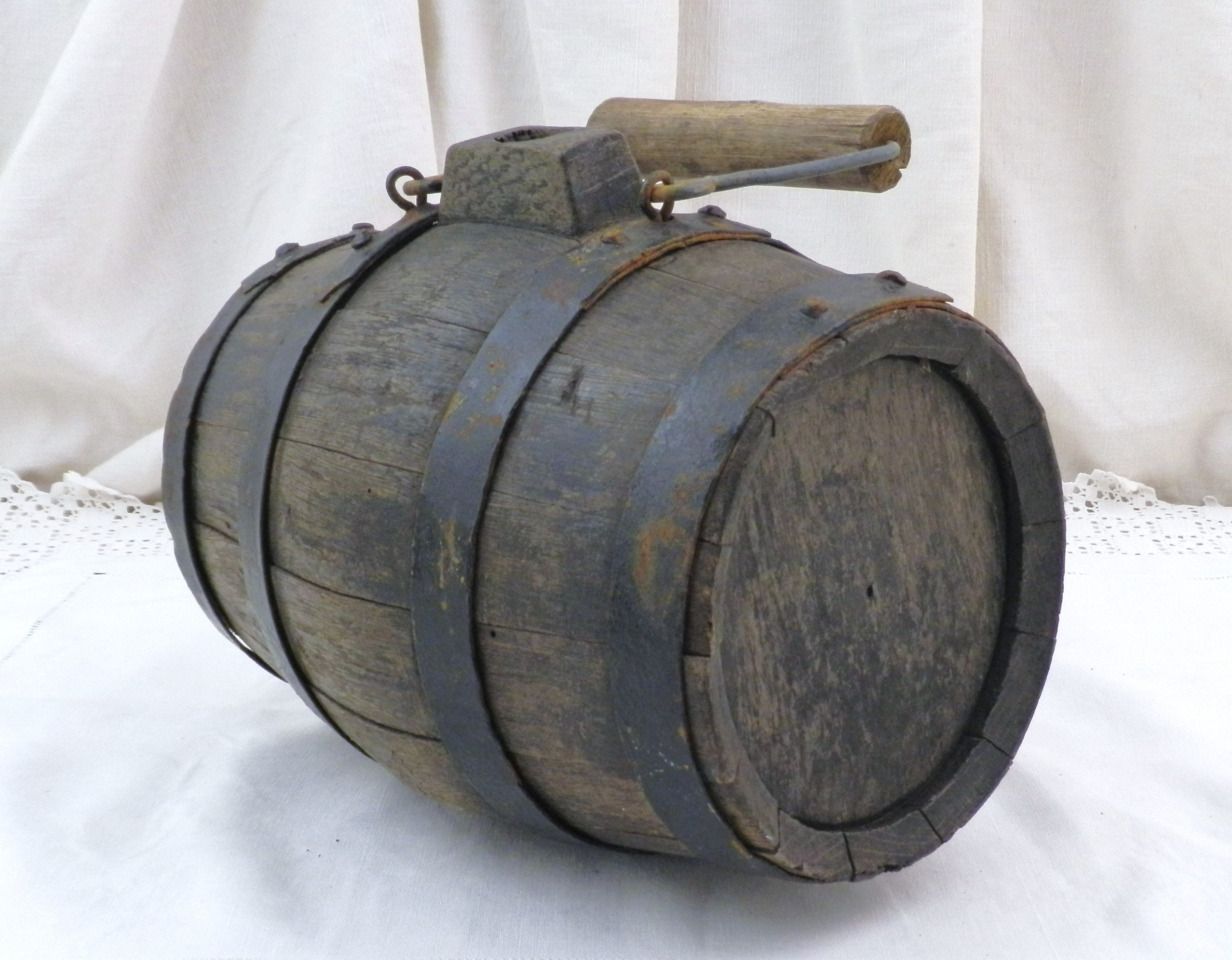 Small French Antique Wooden Wine Barrel with Carrying Handle, Vintage Calvados Oak Keg from